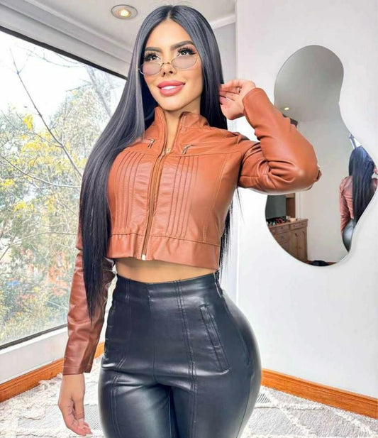 Chaqueta tipo cuerina Cafe