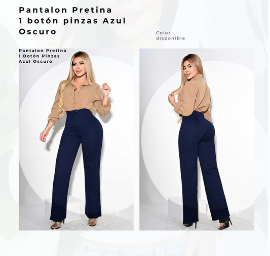 Pantalon Pretina 1 Botón Pinzas Azul Oscuro